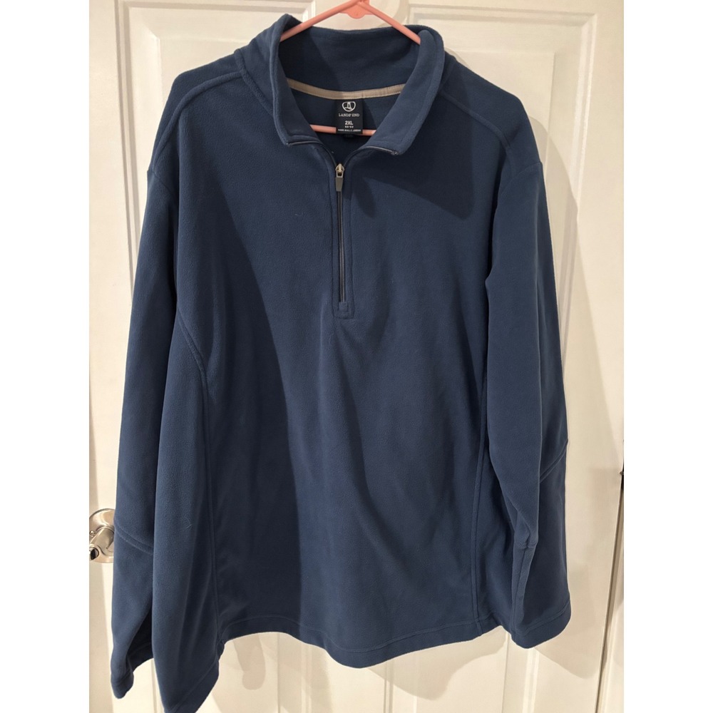 Lands End Mens 2XL Fleece Pullover Navy Blue 1/4 Zip‎ Mock Neck Sweater Jacket